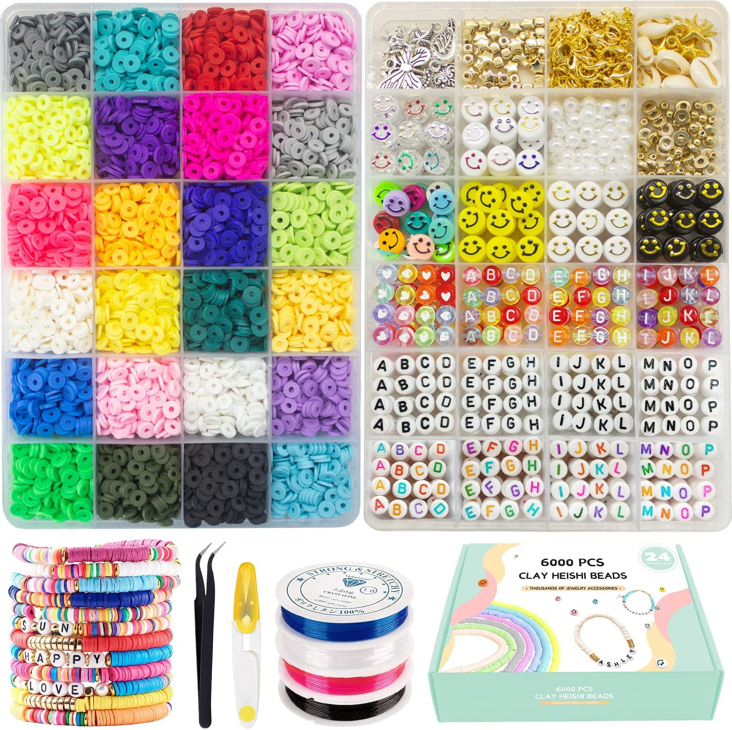 Hotbest 4284Pcs Clay Beads for Bracelet Making,20 Colors Flat Round Polymer Clay Heishi Beads with Pendant Charms Kit Letter Beads and Elastic Strings