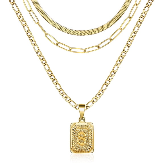 HANRU Gold Necklaces for Women Men Teen Girls Best Friend Fashion Trendy Figaro Chain Square Letters Stainless Steel Pendant Necklace Personalized 26 Alphabets 18K