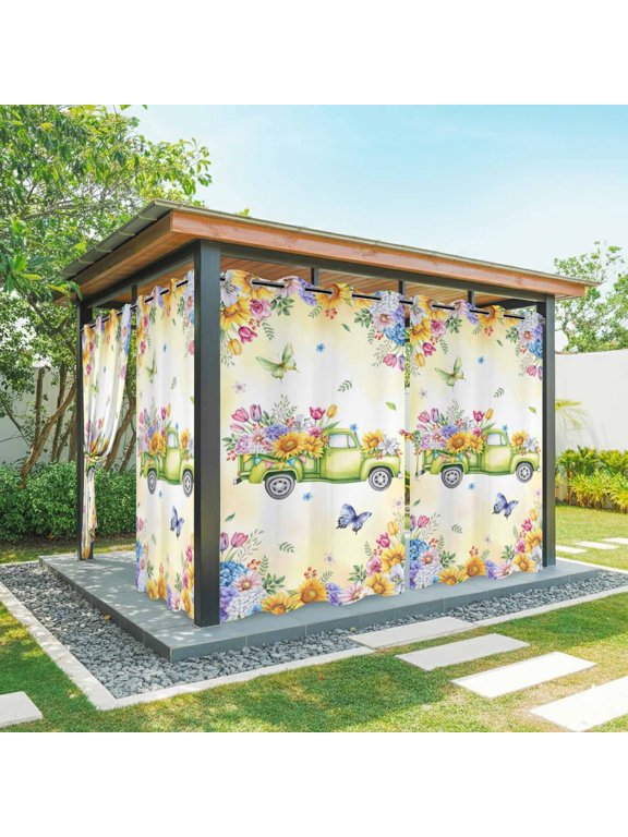 Spring Floral Outdoor Curtains for Patio, Green Truck Colorful Flowers Butterfly Gradient Yellow Waterproof Outside Curtains Privacy Blackout Curtain for Porch Pergola Cabana, 2 Panel 54Wx108L Inch