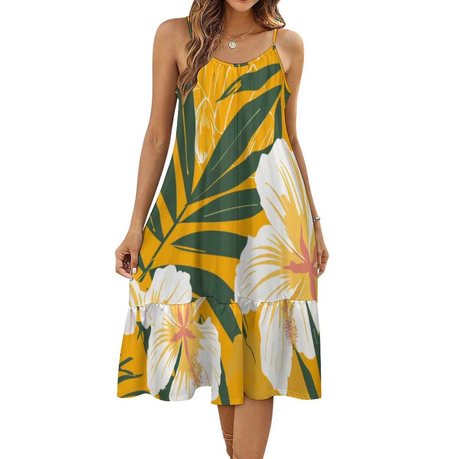 HANSHB Sophisticated Yellow Hawaiian 946 Women's Maxi Summer Dress