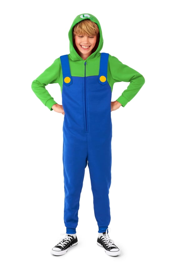 Morris Costumes  Super Mario Bros. Luigi Hooded one piece Costume for Kids - Medium - Size 6-8