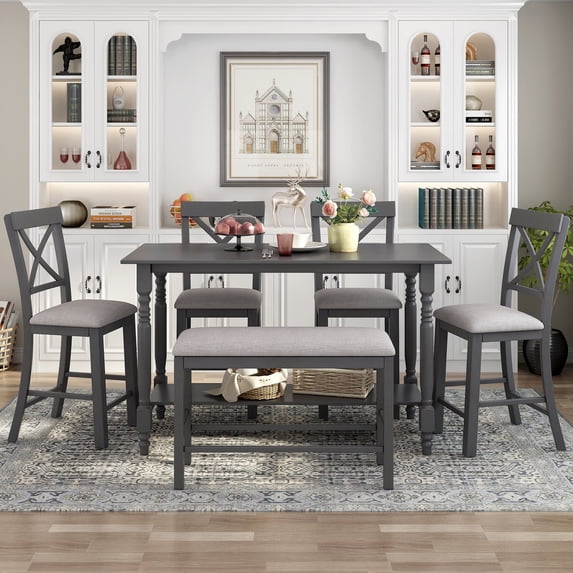 HANSHE 6 Piece Counter Height Dining Table Set, Modern Farmhouse Dining Table Set with Bottom Shelf, Wooden Counter Height Dining Set with Bench and 4 Chairs for Dining Room Apartment, Gray
