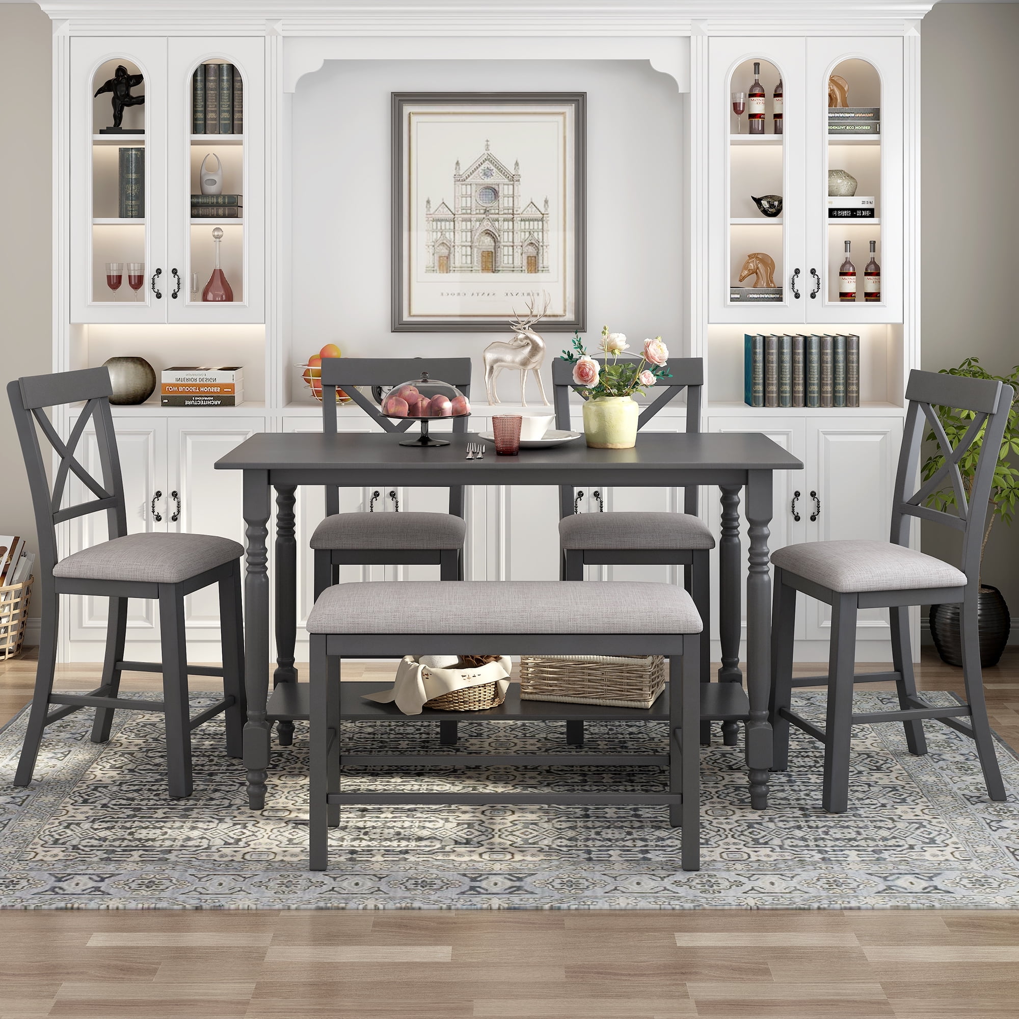 HANSHE 6 Piece Counter Height Dining Table Set Modern Farmhouse Dining Table Set with Bottom Shelf Wooden Counter Height Dining Set with Bench and 4 Chairs for Dining Room Apartment Gray Walmart