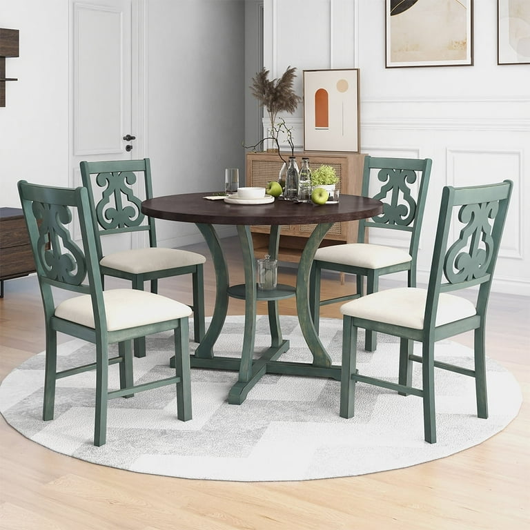 HANSHE Kitchen Dining Table Set for 4 Farmhouse Dining Set with Round Dining Table and 4 Cushioned Chairs Wooden Frame 5 Piece Dining Table Set for