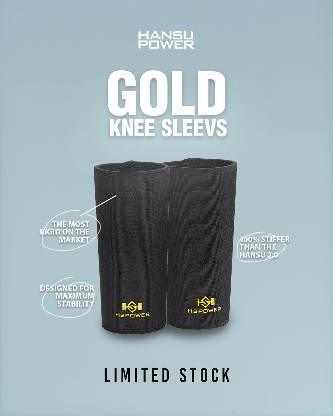 HANSU POWERLIFTING KNEE SLEEVES, 7MM NEOPRENE EXTRA STIFF GOLD