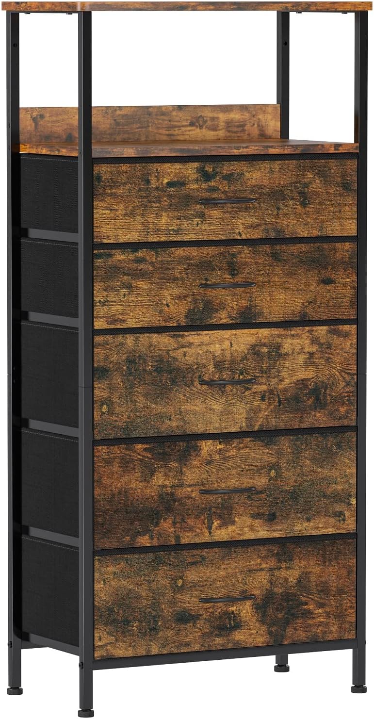 HANTU 5 Storage Drawers Dresser with Shelves, Tall Fabric Dresser