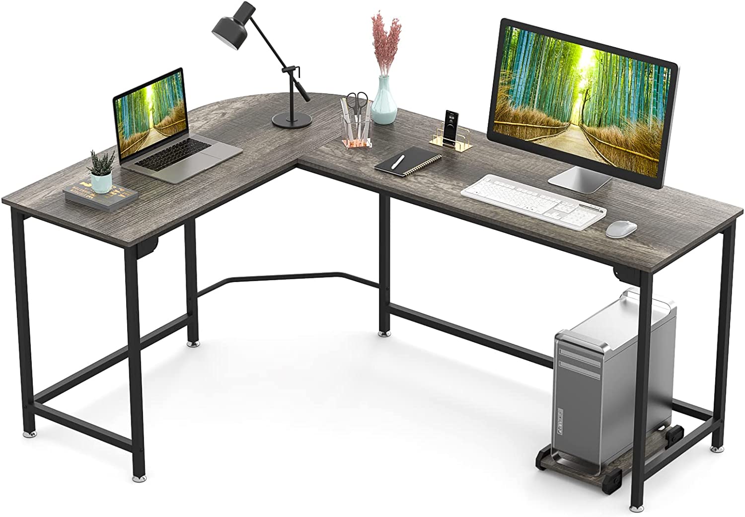 HANTU L Shaped Desk Gaming Computer Desk with Round Corner Home Office