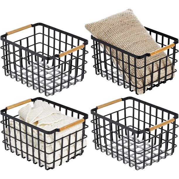 HANTU Metal Wire Closet Storage Basket Bin Organizer with Wood Handles