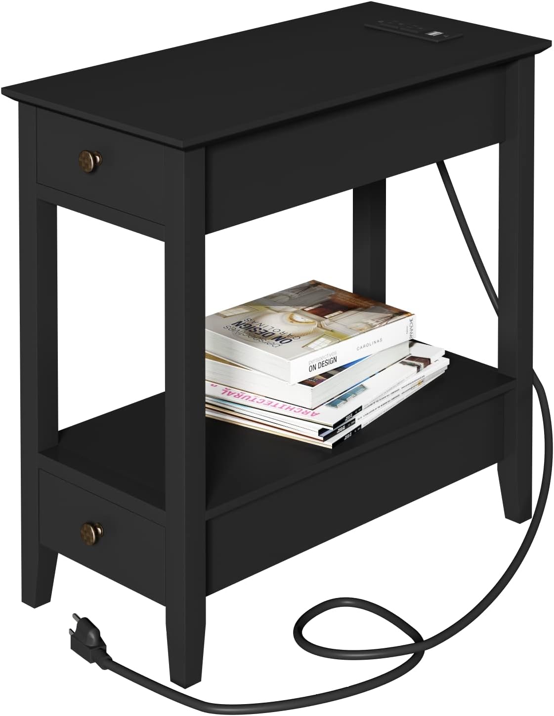 HANTU Side Table with Charging Station, Narrow End Table with Storage