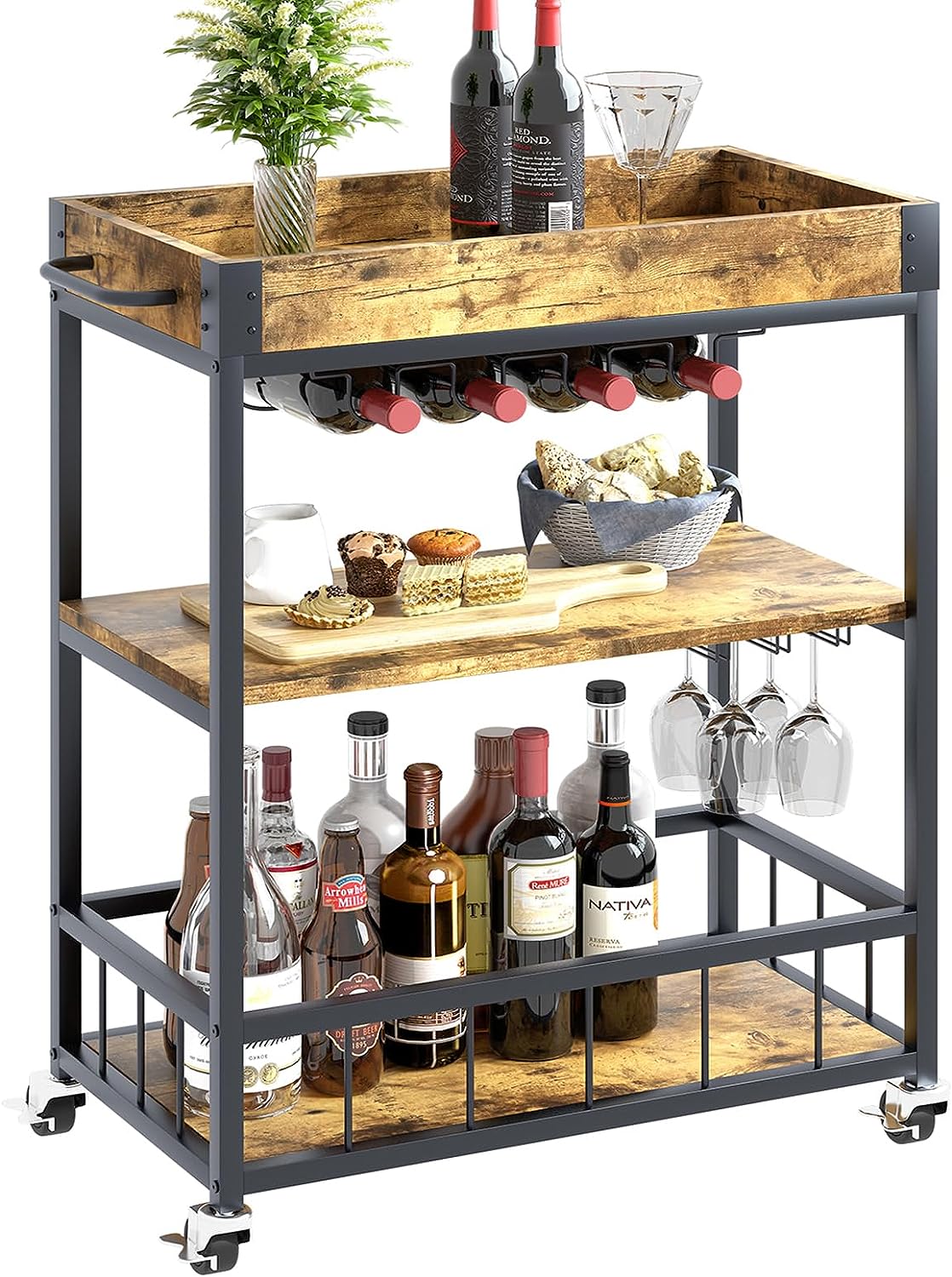 HANTU Wine Serving Bar Cart 3 Tiers Large Home Trolley Rolling Wine