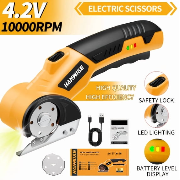 HANWISE 4.2V Cordless Electric Scissors 2000mAh 10000 RPM Rotary Cutter