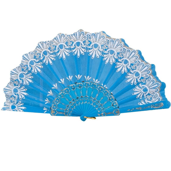 HANXIULIN Chinese/Spanish Style Dance Wedding Party Lace Silk Folding Hand Held Flower Fan Sky Blue Home Decor