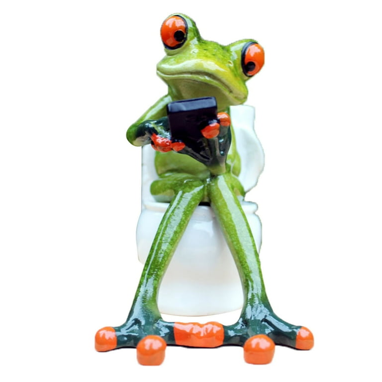 Set of two ceramic frog cheapest on the toilet playing with the phone , Funny Decor