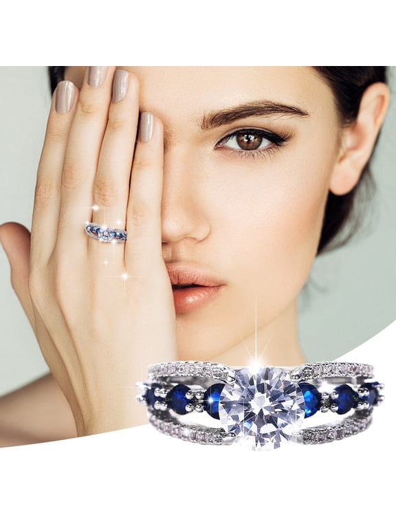 Hollow Blue Zircon Ring Elegant Rhinestone Ring Sapphire Jewellery Rings Women Fashion Full Rhinestone Zircon Rings for Women Size 6 10