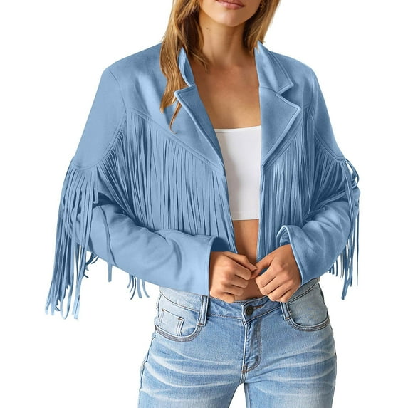 HANXIULIN Ladies Fashion Solid Color Fringe Faux-Leather Jacket Fashion Fringe Motorcycle Cropped Jacket Light Blue M