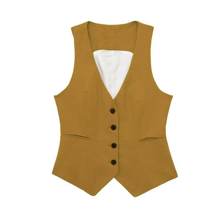 HANXIULIN Women Linen Casual Vest Ladies Sleeveless V Neck Vests Single Tops Yellow M