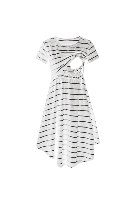 Women Maternity Casual Striped Short Sleeve Round Neck Nursing Dress Striped Multifunctional Striped Maternity Dress Mom Lactation Dress White L