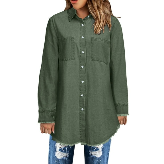 HANXIULIN Women Plus Size Fashion Tassel Casual Long Sleeve Single Breasted Pocket Denim Jacket Shirts Coat Army Green M