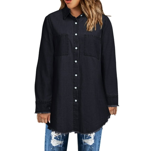 HANXIULIN Women Plus Size Fashion Tassel Casual Long Sleeve Single Breasted Pocket Denim Jacket Shirts Coat Black XXL