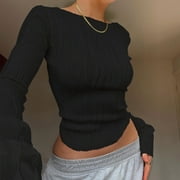 HANXIULIN Women Slim Crop Shirt Long Sleeve Crewneck Fitted Tshirts Top Knit Croed Tee Blouse Black L