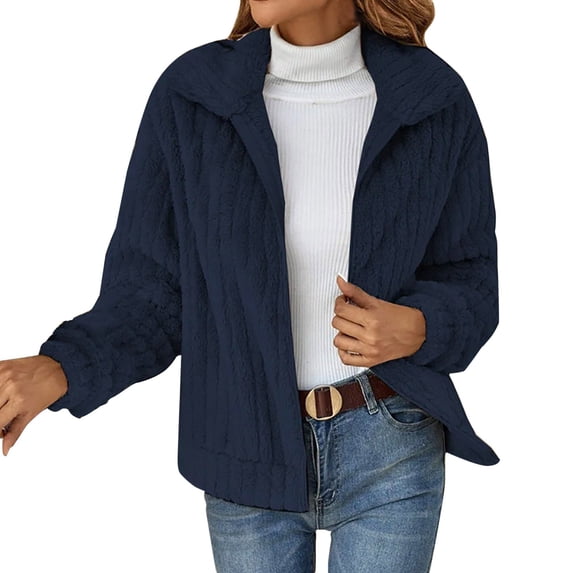 HANXIULIN Women Winter Warm Casual Coats Long Sleeve Thickened Outerwear Solid Coat With Pockets Dark Blue XL