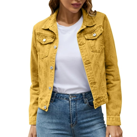 HANXIULIN Women's Basic Solid Color Button Down Denim Cotton Jacket With Pockets Denim Jacket Coat Yellow M