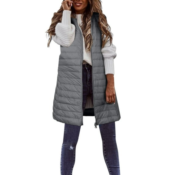 HANXIULIN Women's Down Vest Winter Thin and Light Solid Color Down Coat Long Casual Down Coat Slim Gilet Quilted Jacket Outdoor Winter Coat Vest With Pockets Gray S