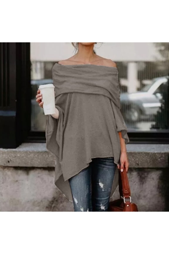 Women's Elegant Asymmetrical Twist Front Off Shoulder Top Plain High Low Blouse Coffee XXL