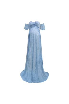 Women's Lace Maternity Trailing Short Sleeved Off-The-Shoulder Dress Long Maxi Dress Photography Flying Sleeve Dress Light Blue XL