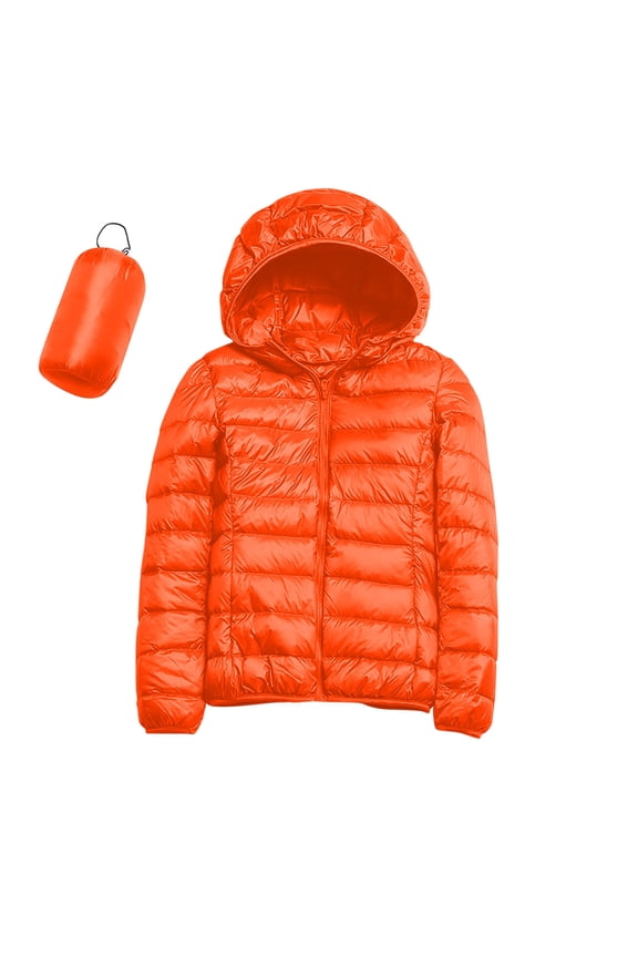 Women's Packable Down Jacket Lightweight Puffer Jacket Hooded Winter Coat Orange S