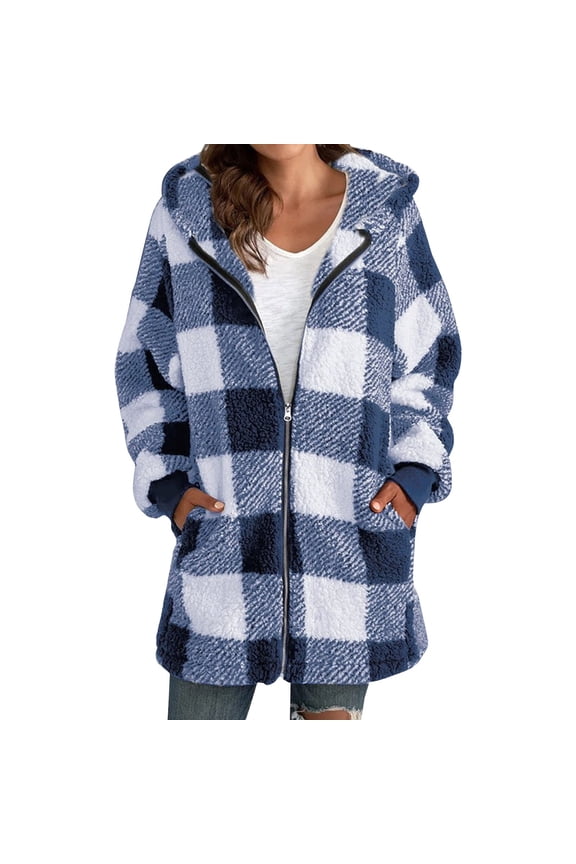 Women's Plus Size Plaid Lined Hooded Jacket Button Up Oversized Fuzzy Coat Checkered Flannel Hoodie Jacket Blue 5XL