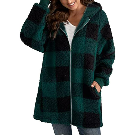 HANXIULIN Women's Plus Size Plaid Lined Hooded Jacket Button Up Oversized Fuzzy Coat Checkered Flannel Hoodie Jacket Dark Green 5XL