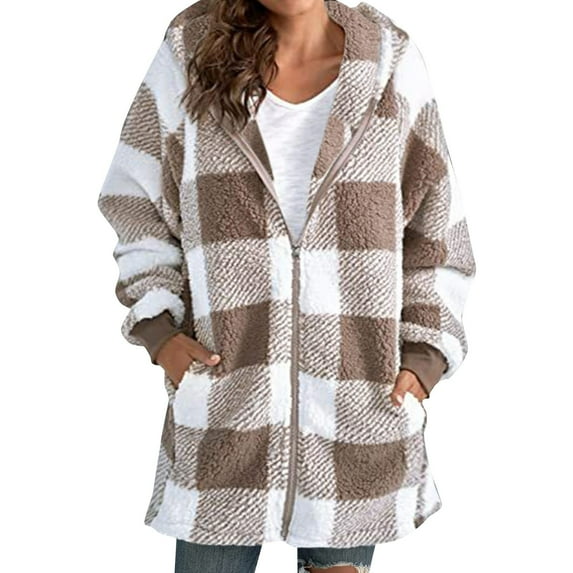 HANXIULIN Women's Plus Size Plaid Lined Hooded Jacket Button Up Oversized Fuzzy Coat Checkered Flannel Hoodie Jacket Khaki 4XL