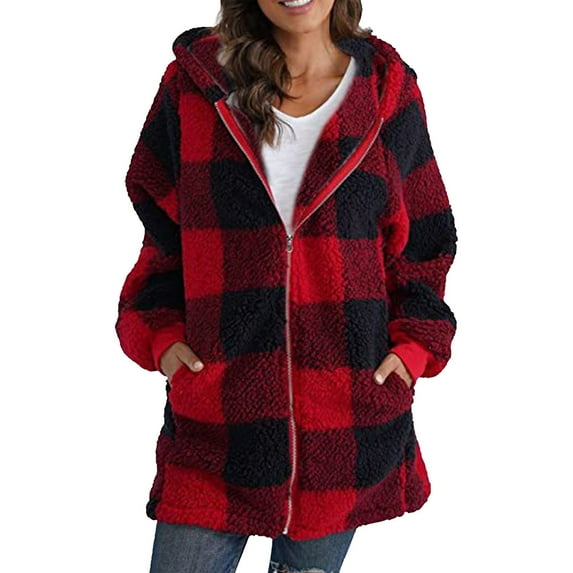 HANXIULIN Women's Plus Size Plaid Lined Hooded Jacket Button Up Oversized Fuzzy Coat Checkered Flannel Hoodie Jacket Red 5XL