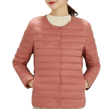 HANXIULIN Women's Plus Size Solid Color Round Neck Pocket Coat Packable Ultra Light Weight Short Down Jacket Red 3XL