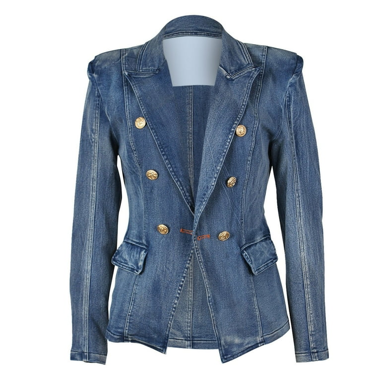 HANXIULIN Women s Slim Fit Denim Tailored Double Breasted Pockets Jeans Jacket Solid Color Denim Coat Dark Blue S