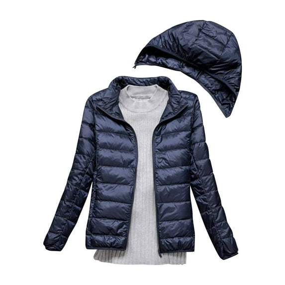 HANXIULIN Women's Winter Thin and Light Down Coat Casual Down Coat Slim Quilted Jacket With Detachable Hat Navy Blue M