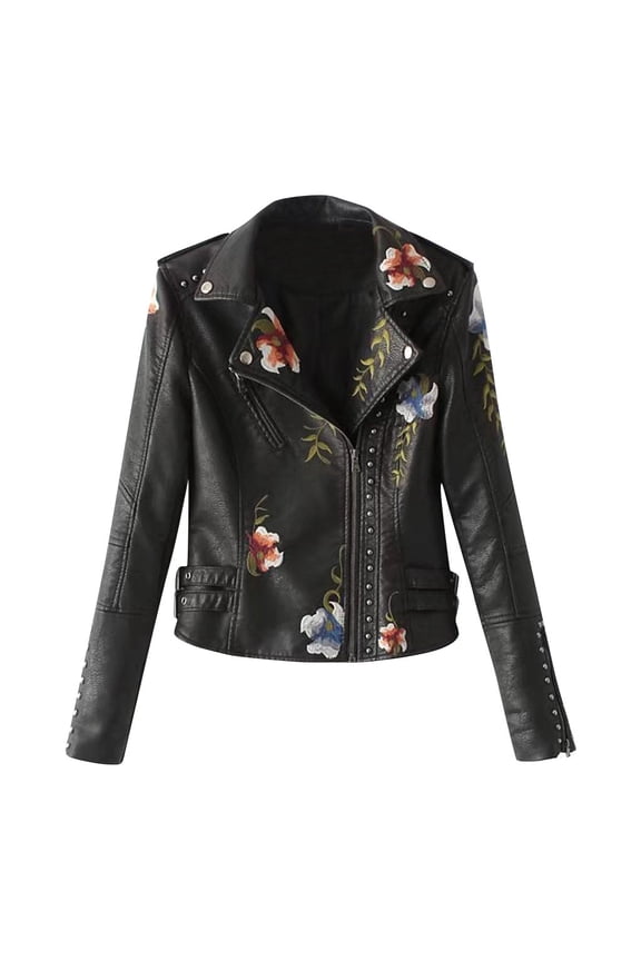 Womens Casual Long Sleeve Embroidered Studded Zipper Slim Leather Jacket Coat Black XL