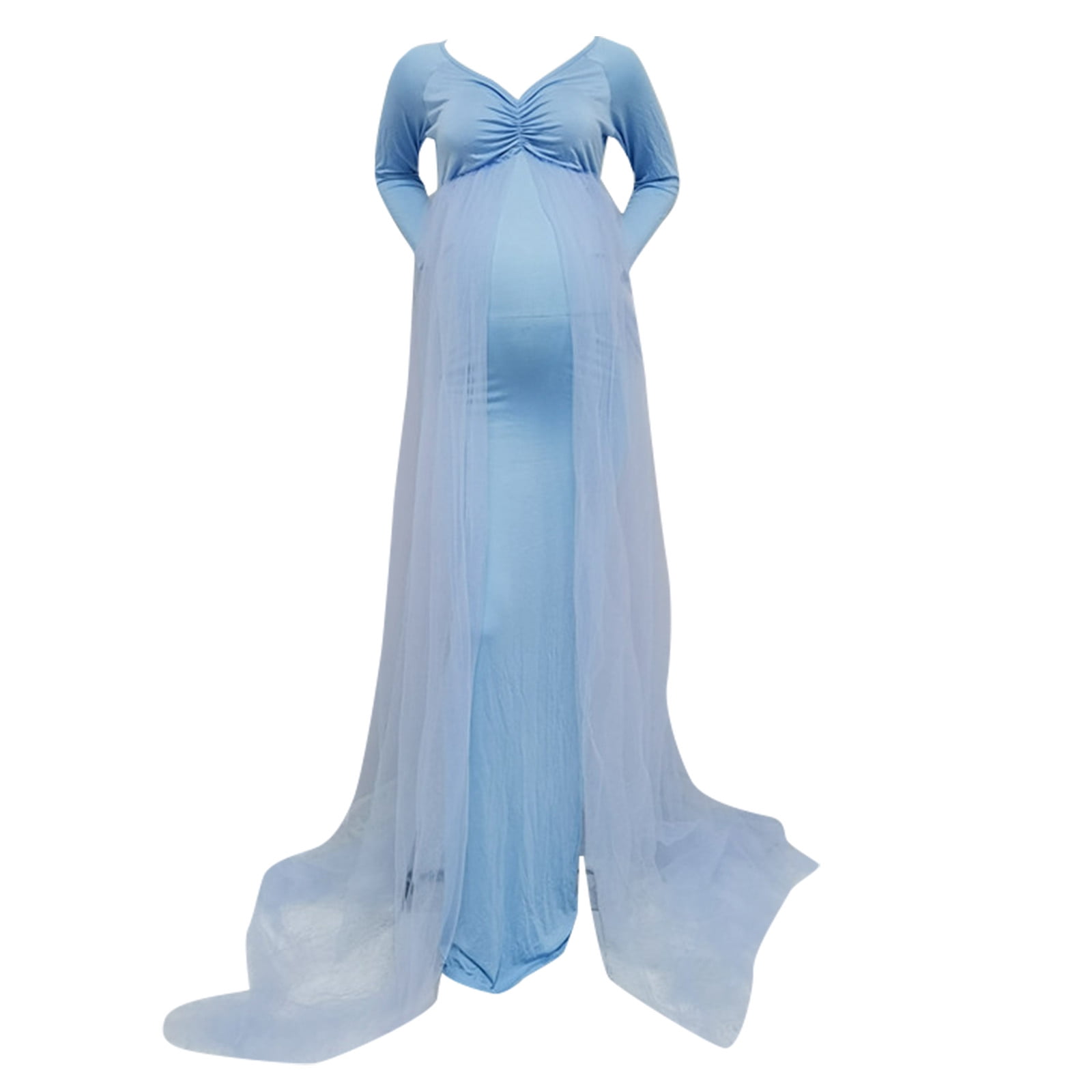 HANXIULIN Womens Maternity Long Sleeve V Neck Photography Pregnants Long Maxi  Dress Solid Tulle Princess Dress Photo Props Dress Blue L - Walmart.com