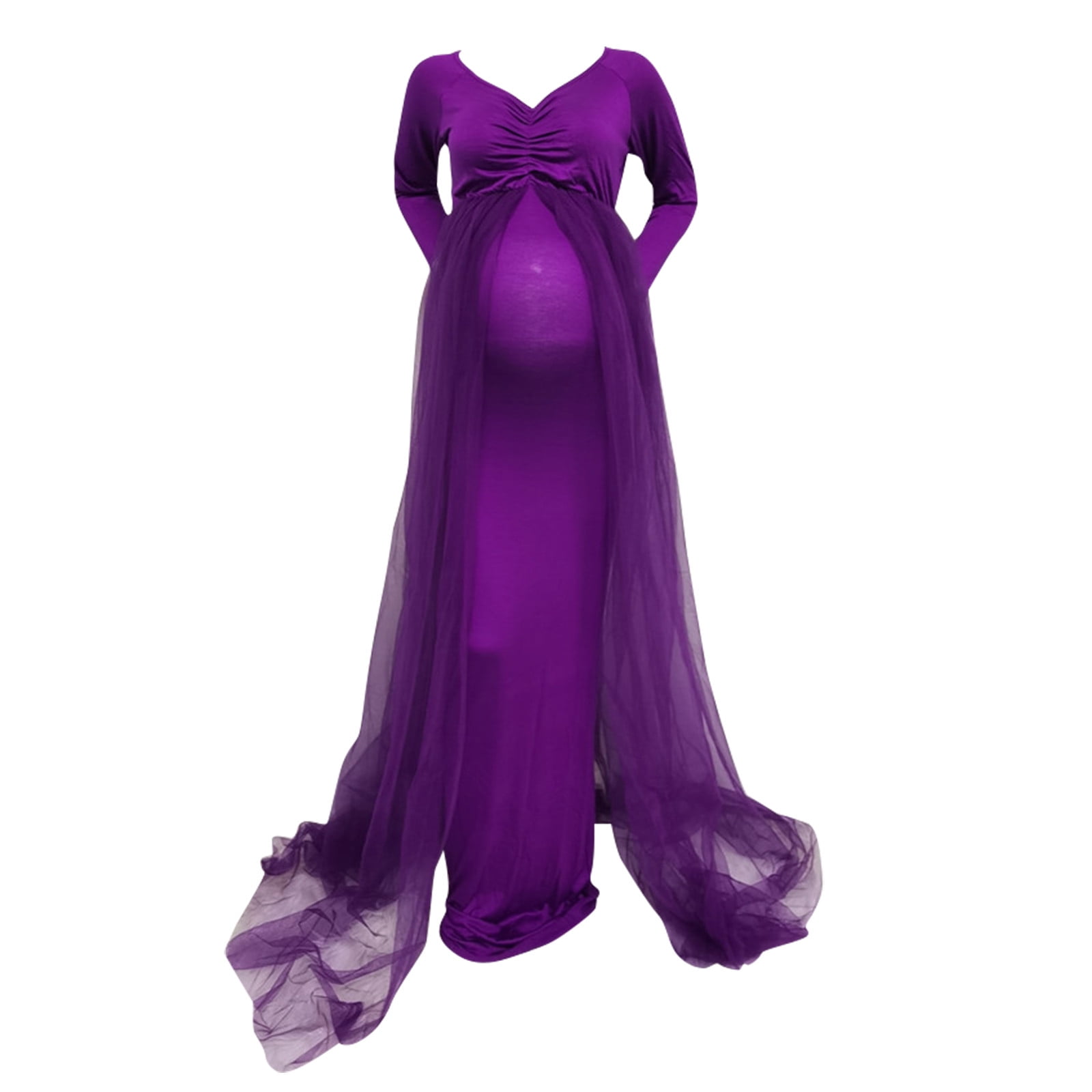 purple tulle maternity dress Custom-made Purple Tulle Maternity Maternity evening dresses with Front Slit, Open Sleeveless Gown, Shawl Ruffles, and Flares