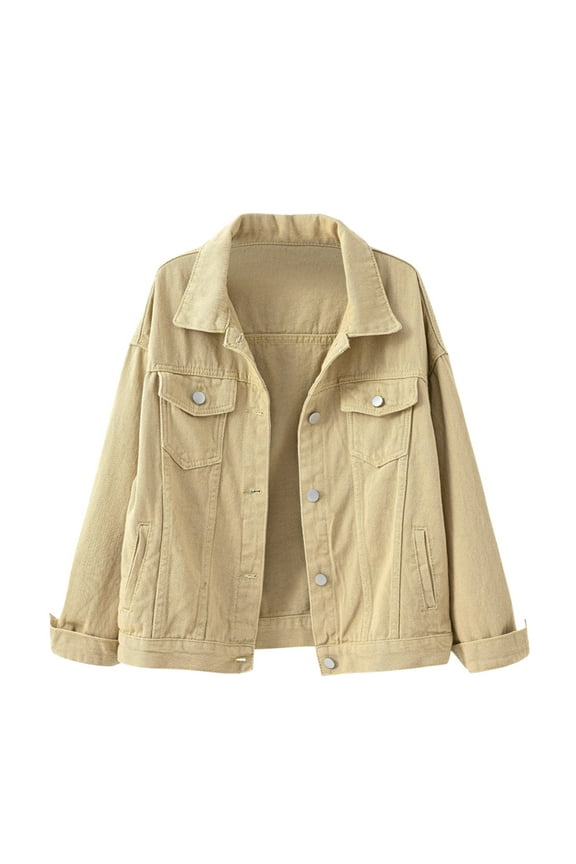 Womens Solid Color Denim Jacket Relaxed Fit Casual Jean Trucker Jacket Button Coat Khaki L