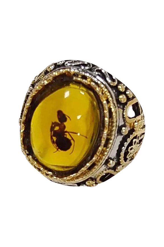 Yellow Ant Amber Ring Handmade Cut Hollow Personality Retro Engagement Jewelry Gift Women Men