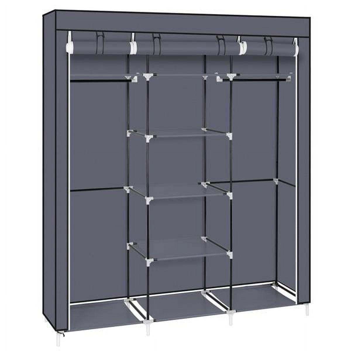 Portable Closet Wardrobe With Double Rod & Shelves - Free Standing, Non-Woven Fabric, Gray (51"L X 68.8"H)