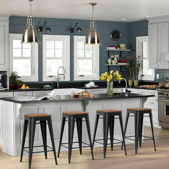 HAOBO Home 24" Backless Metal Counter Stool Height Bar Stools [Set of 4], Barstools with Wooden Seat, Matte Black