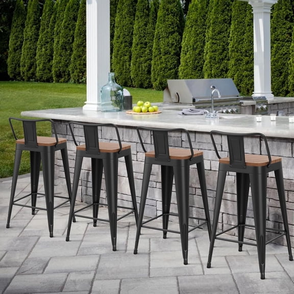 HAOBO Home 30" Outdoor Barstools Patio Stool Metal Bar Stools Set of 4 Counter Height Barstools with Wood Plastic Seat  Bar Chairs Metal Kitchen Stools