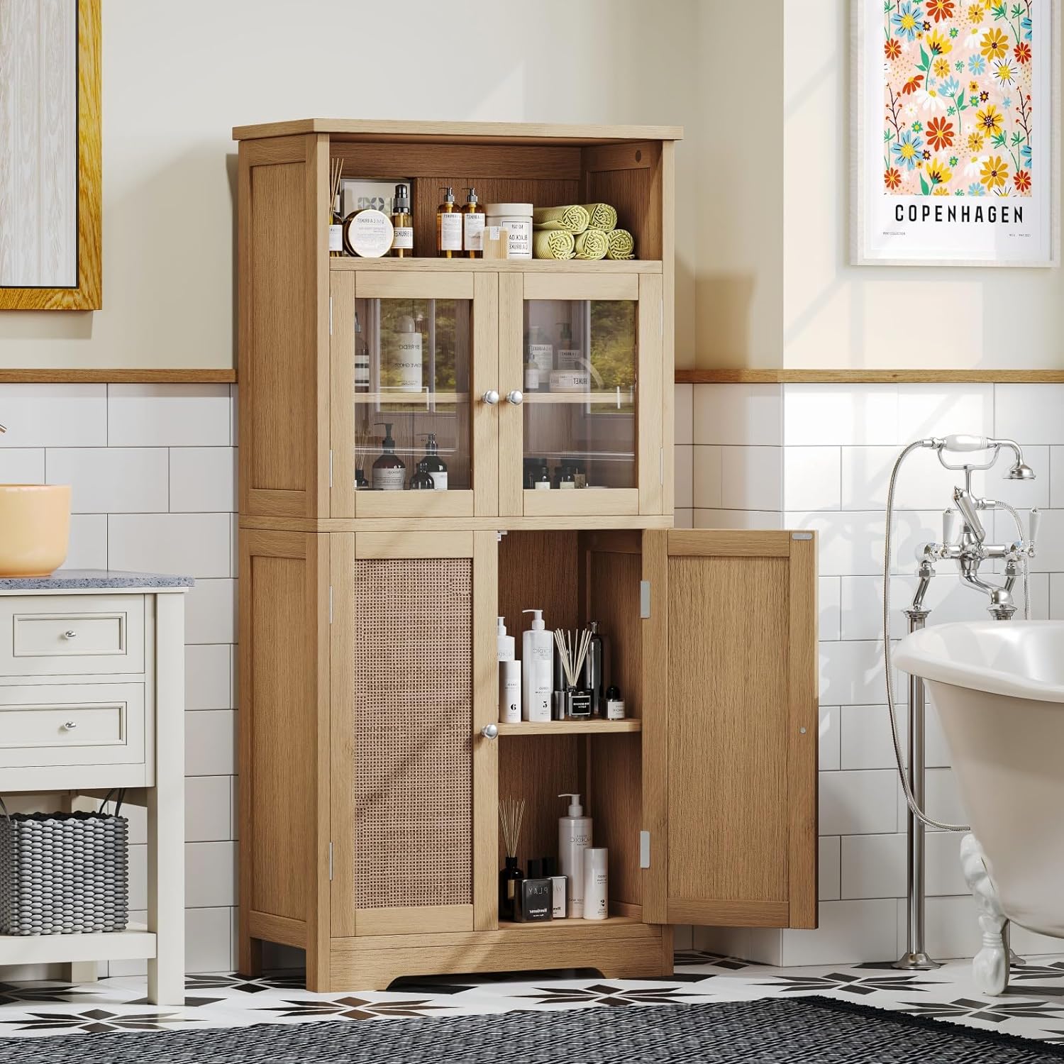HAOFEI 50.4''H Rattan Bathroom Freestanding Storage with Open Storage and