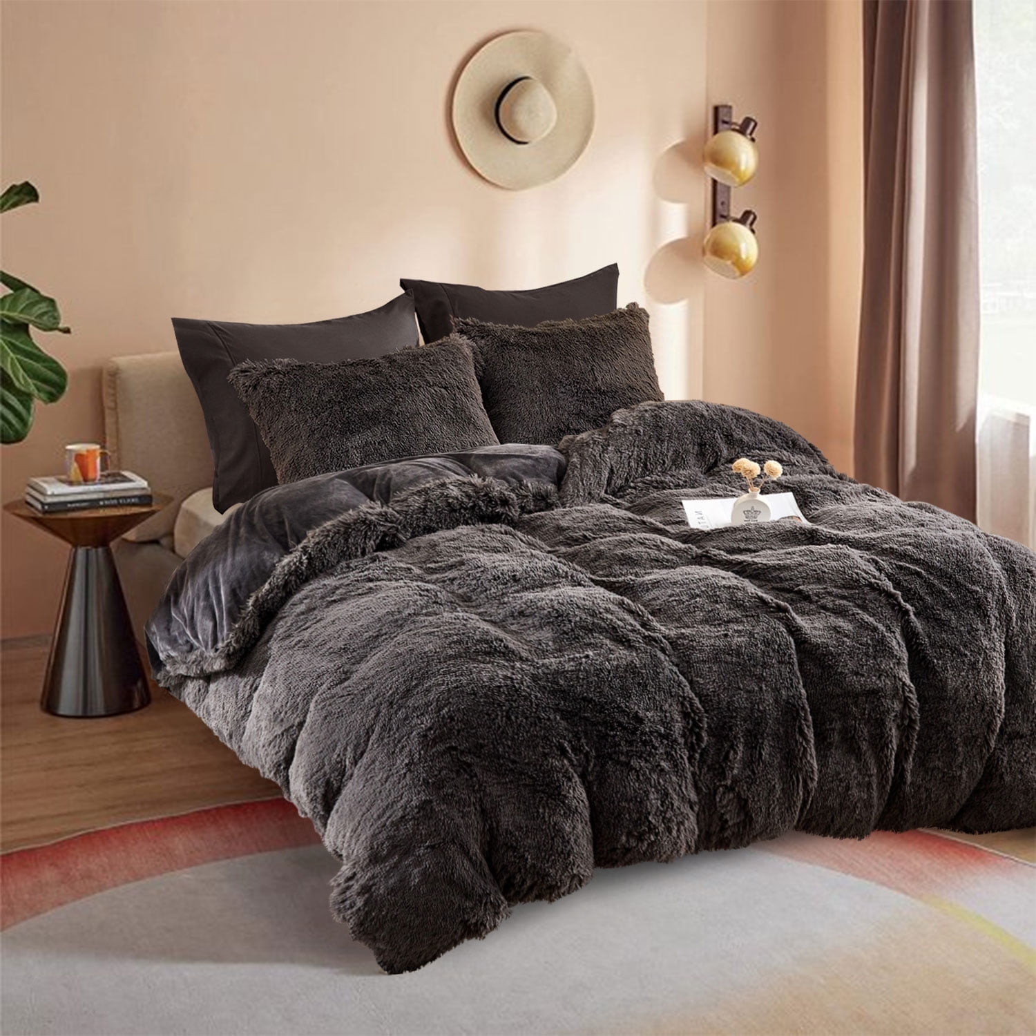 HAOK 3 PCS Shaggy Duvet Cover Bedding Set - Fluffy Comforter Cover Long Faux Fur Luxury Ultra Soft Cozy (Dark Gray, Twin)