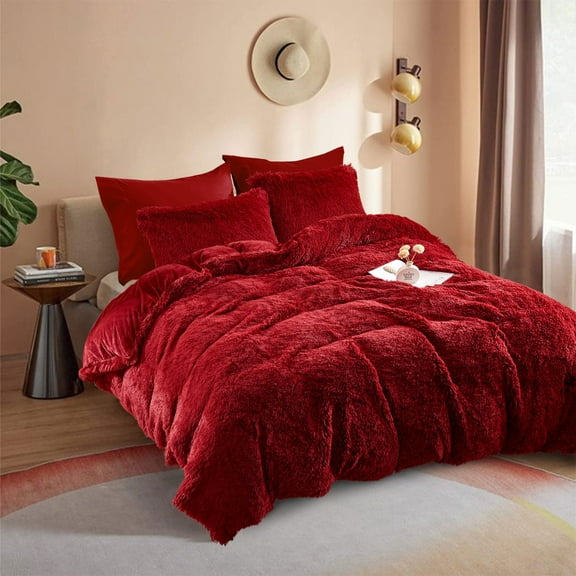 HAOK 5 PCS Shaggy Duvet Cover Bedding Set - Fluffy Comforter Cover Long Faux Fur Luxury Ultra Soft Cozy (Burgundy, Queen)
