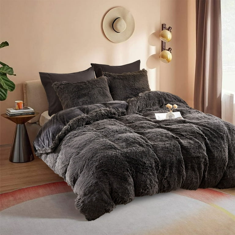 Gray Luxury Fluffy Shaggy Duvet Cover,Cute Faux Fur Comforter Set (1 Faux  Fur Du