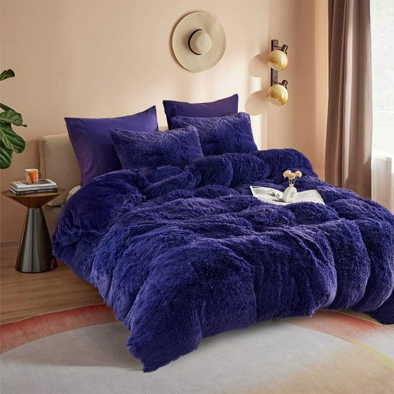 HAOK 5 PCS Shaggy Duvet Cover Bedding Set - Fluffy Comforter Cover Long Faux Fur Luxury Ultra Soft Cozy (Purple, Queen)